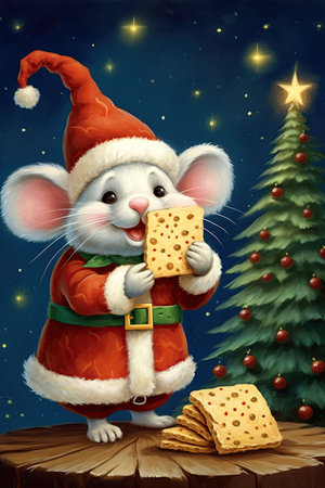 Christmas Mouse holding swiss cheese. Vintage postcard style design. Generative Ai illustrationの素材
