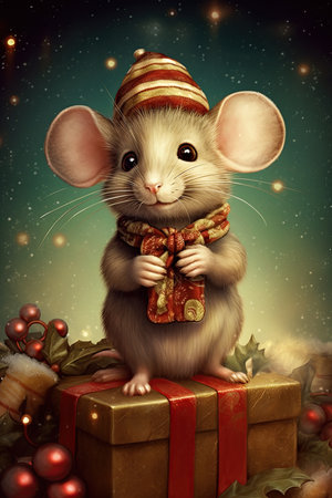 Christmas Mouse postcard. Vintage art style design. Generative Ai illustrationの素材