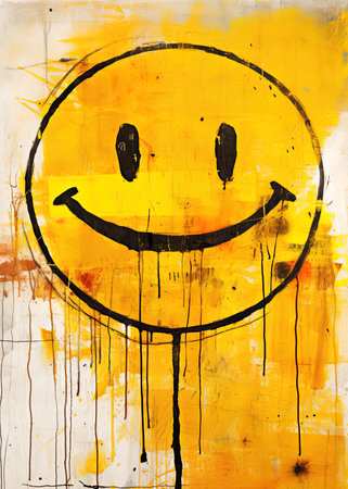 Smiling face emoticon. Grunge style poster design. Ai Generative illustrationの素材