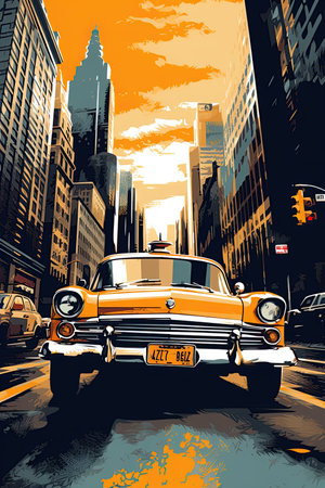Vintage car in the street of New York city. Poster design. Ai Generativeの素材