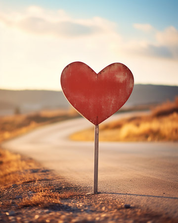 Heart-shaped road sign on the road. Ai Generative imageの素材