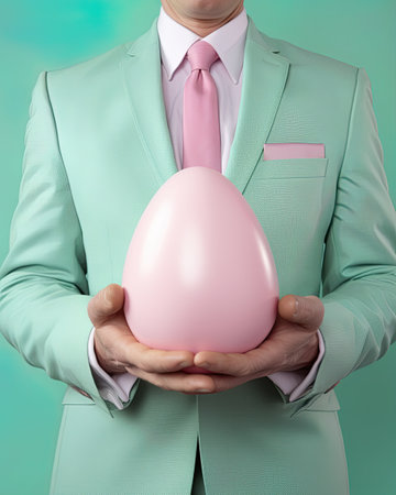 Man in suit holding giant pink Easter Egg. Ai Generative imageの素材