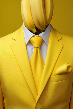 Man with bananas instead of head wearing yellow suit. Ai Generative imageの素材