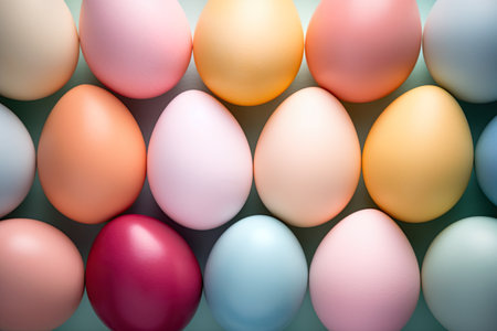 Colorful Easter eggs background. Top view, flat lay. Ai generative imageの素材