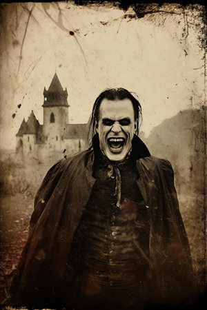 Vampire with castle in background. Halloween horror concept. Vintage, scratched, worn look in style of sephia photography. Ai Generative imageの素材