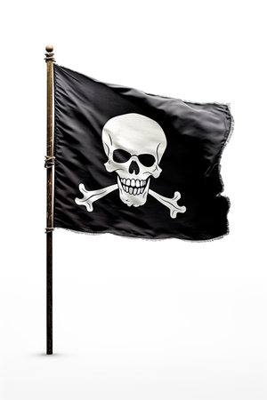 Pirate flag with skull waving in the wind. Isolated on white background. Ai generative illustrationの素材