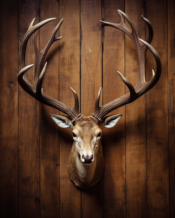 Deer head and antlers on the wooden wall background. Hunting trophy. Ai Generative imageの素材
