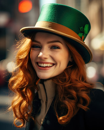 Beautiful Irish woman with ginger hair celebrating Saint Patrick's Day. Ai Generative imageの素材