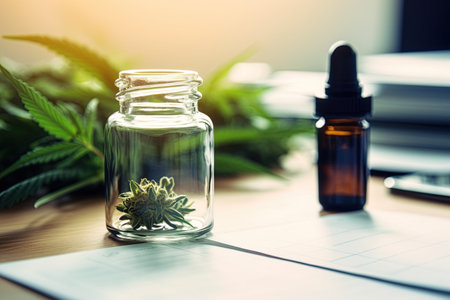 Medical marijuana. Cannabis buds an cbd oil on the table. Ai Generativeの素材