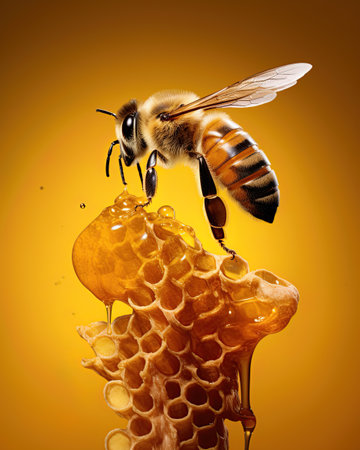Bee producing honey in honeycomb. Closeup macro image. Ai Generativeの素材