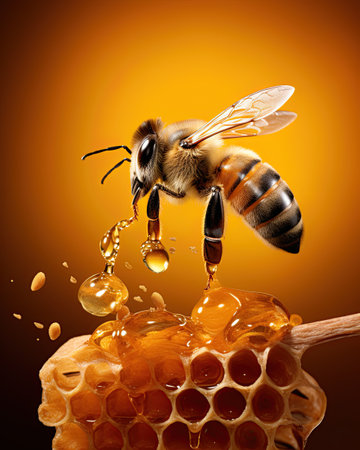 Bee producing honey in honeycomb. Closeup macro image. Ai Generativeの素材