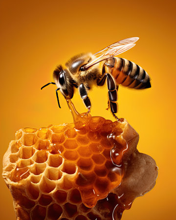 Bee producing honey in honeycomb. Closeup macro image. Ai Generativeの素材
