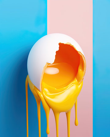 Cracked egg with dripping yolk. Art instalation concept design. Ai Generative imageの素材