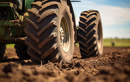 Tractor wheels covered in mud at agricultual field. Agronomy, farming, husbandry concept. Ai generative imageの素材