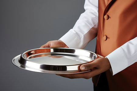 Waiter holding empty tray. Copy space. Add your design. Ai Generative imageの素材