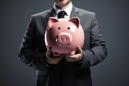 Businessman holding giant piggy bank in hands. Ai Generative imageの素材