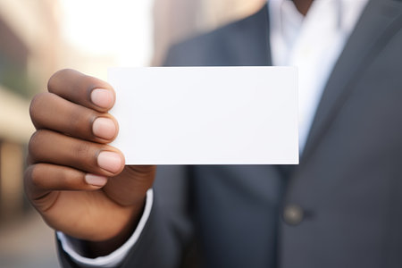 Blank visit card in man's hand. Copy space, add text, logo or design. Ai Generative imageの素材