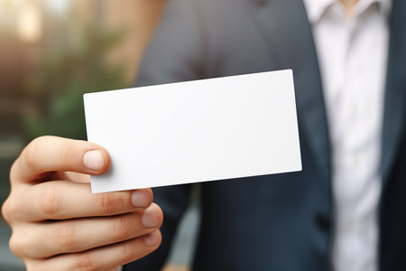 Blank visit card in man's hand. Copy space, add text, logo or design. Ai Generative imageの素材
