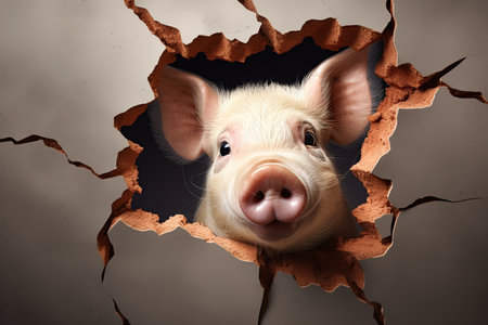 Pig with cheerful, happy, smiling face peeking through hole in cracked wall. Generative AIの素材