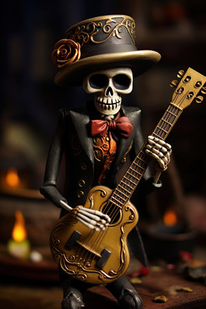 Mexican mariachi musician skeleton playing acoustic guitar. Dia de los muertos concept. Ai Generative illustrationの素材