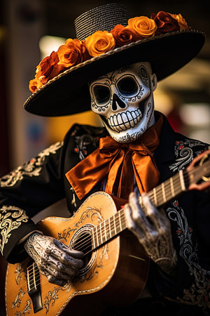 Mexican mariachi musician skeleton playing acoustic guitar. Dia de los muertos concept. Ai Generative illustrationの素材