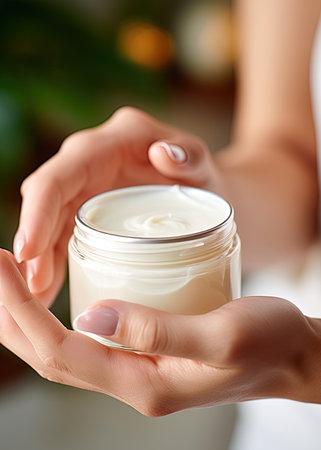 Female hands holding moisturizing cream. Skincare product. Ai Generative imageの素材