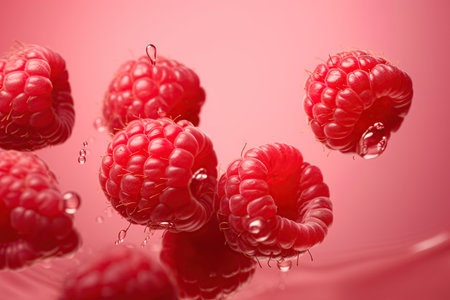 Raspberries falling in splash of water. Ai Generative imageの素材
