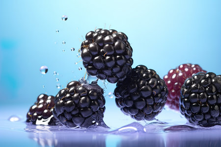 Blackberries falling in splash of water. Closeup macro shot. Ai Generative imageの素材