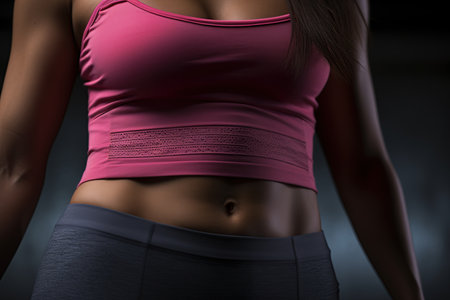 Athletic young woman wearing top shirt and showing her abdominal muscles and sexy body in the gym. Ai Generative imageの素材