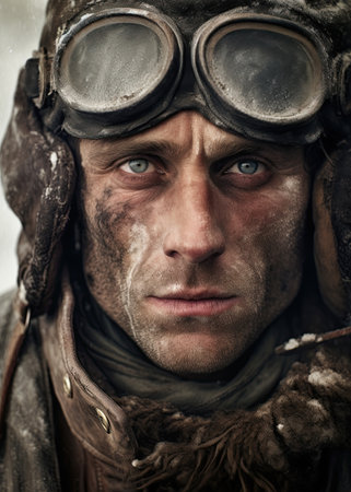 Fighter Pilot in world war 2 uniform. Portrait poster in style of vintage photography. Ai Generative...