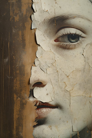 Womans eye and face closeup. In style of vintage photography. Scratched, worn and damaged look. Ai Generative imageの素材