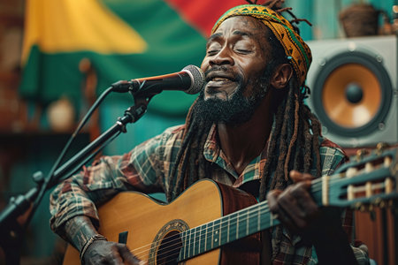 Rastafarian Jamaican man singing and playing the guitar and recording a song in a music studio. Ai generative imageの素材