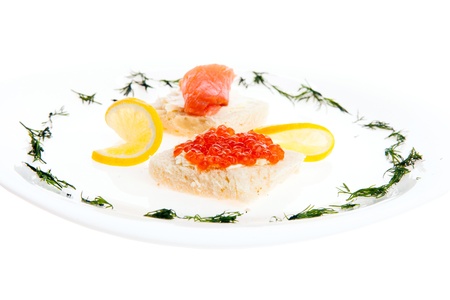 Food composition of sandwiches with butter, salmon and red caviarの写真素材