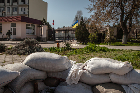 BELBEK, UKRAINE - March 21, 2014 Last day of the Ukrainian military base A4515 before being overtaken by Russian occupantsのeditorial素材