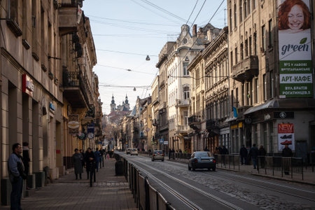 LVIV, UKRAINE - February 22, 2015: Narrow street of Lviv architectureのeditorial素材