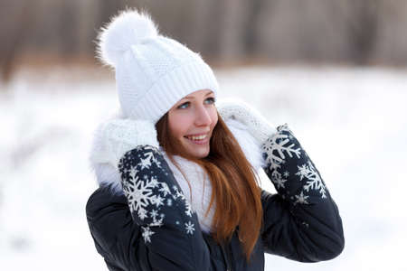 The girl walks in the winterの写真素材