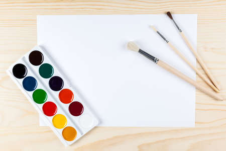 Watercolors, brushes and a piece of paperの写真素材