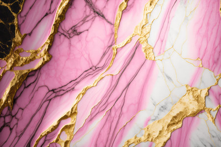 Luxury pink marble texture background with gold veins and glitter.の素材