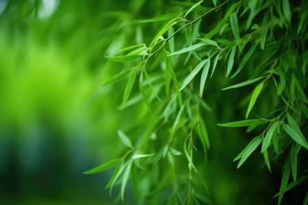 Bamboo leaves on blurred green background, shallow depth of field. Generative AIの素材