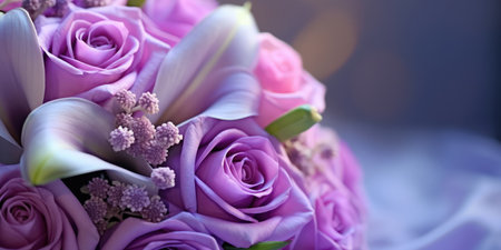 Bridal bouquet of purple and white roses close up.の素材