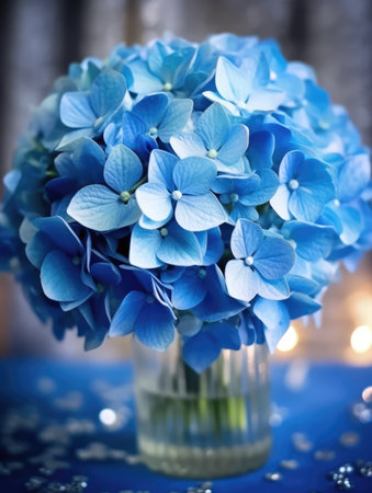 blue hydrangea bouquet in vase on blue background. Ai generatedの素材