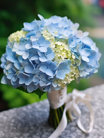 Beautiful blue hydrangea bouquet in vase outdoors. Ai generatedの素材