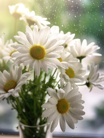 Bouquet of white daisies on a windowsill.Ai generatedの素材