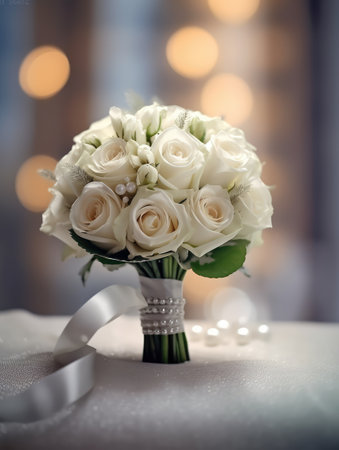 wedding bouquet of white roses on the background of bokeh Ai generatedの素材