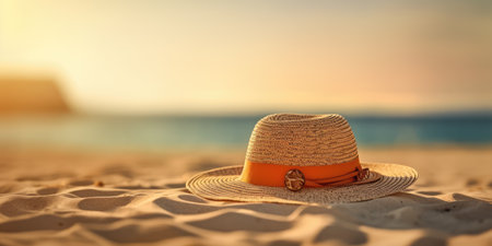 Summer hat on the beach. Selective focus. Holiday concept.Ai generatedの素材