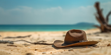 Hat on the beach with blue sea and sky background. Travel concept.Ai generatedの素材