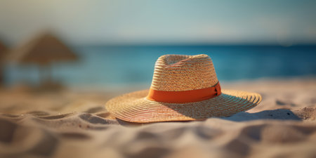 Beach hat on the sand near the sea. Summer vacation concept. Ai generatedの素材