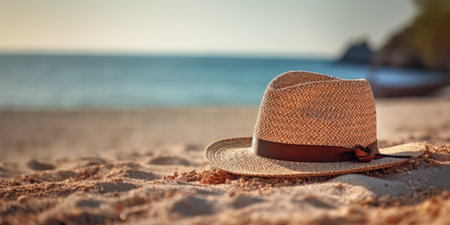 Summer hat on the beach. Selective focus. Holiday concept.Ai generatedの素材