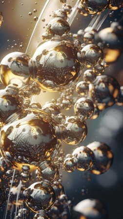golden bubbles in water on dark background. 3d illustration.Ai generatedの素材