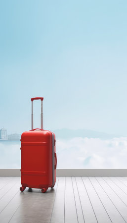 Red travel suitcase standing on wooden floor in room with sea view. 3D Rendering. Ai generatedの素材